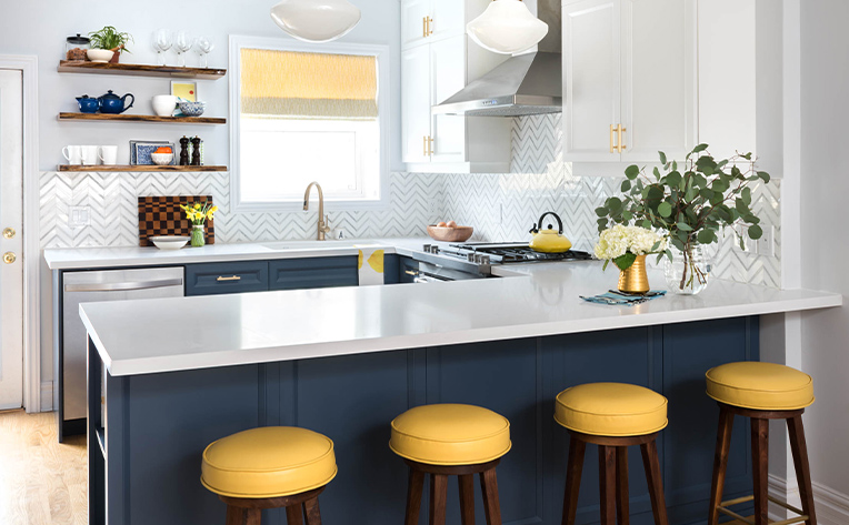 Kitchen with Yellow Stools Design by Rebecca Hay Photography by Stephani Buchman
